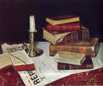books and candle 1890 still life Oil Paintings